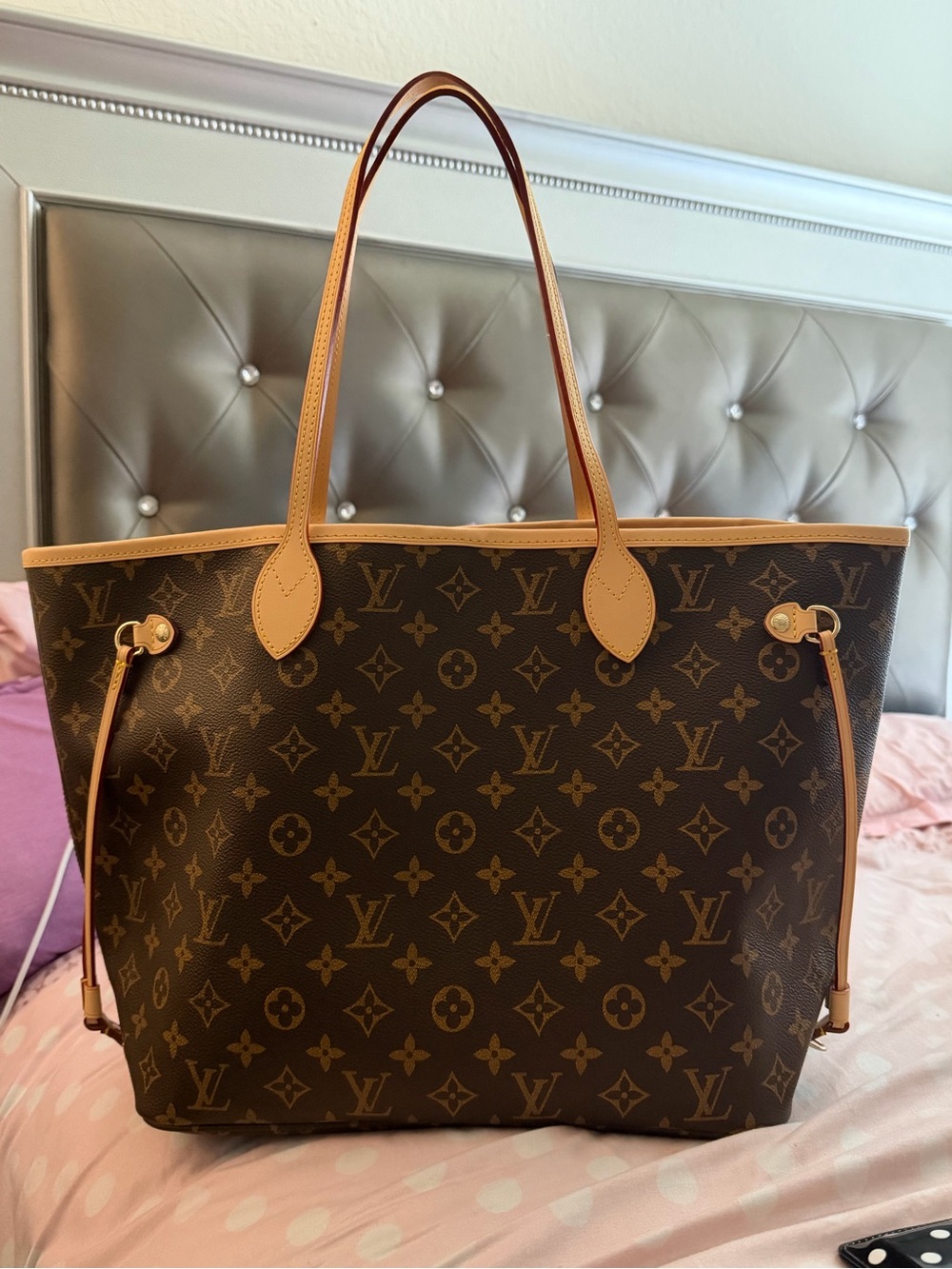 Louis Vuitton Brown Monogram Canvas Neverfull MM Tote Bag - Tan Trim, Red